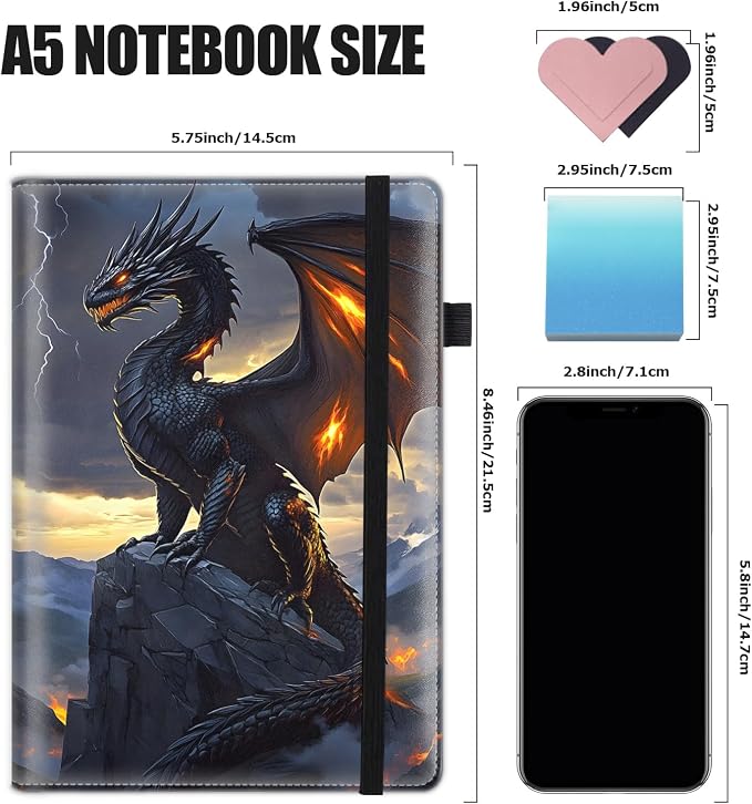 Hardcover Executive Notebooks, A5 PU Leather Lined Journal Notebook, 200 Pages Thick Paper Subject Notebooks for School,Work,Home Writing Business Notebook, Diary Book, Dragon and Flame