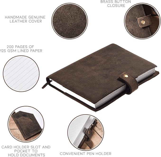 Refillable Leather Journal, Premium Lined A5 Writing Notebook Cover, Pen Holder & Card Slot, 200 Pages, 9 x 6 Inches Leather Bound Journal for Men & Women, Best Gift for Travel Diary