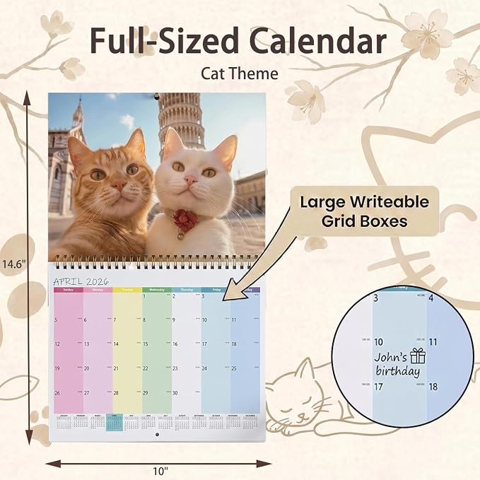 2026 Wall Calendar - Cute Cat Selfies Theme Calendar | Cat Calendar January - December for Organizing & Planning | Holidays Highlighted (7.3"x10", 10"x14.6" Opened)