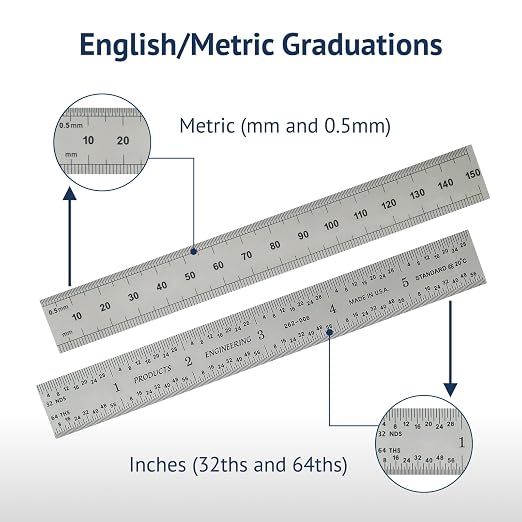PEC Tools 6" x 150mm Machinist Metal Ruler, 1/25" Thick X 3/4" Wide, Satin Chrome Finish Tempered Stainless Steel Ruler, Measurement Markings 1/32",1/64", 0.5mm, 1mm, Made in USA