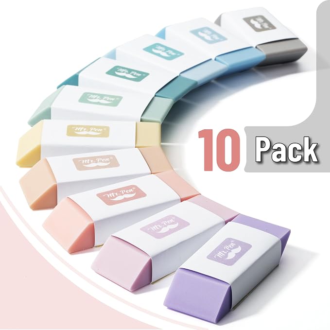 Mr. Pen- Pencil Erasers, 10 Pack, Morandi Colors | Soft Rubber Pencil Erasers for School, Office, Art Sketching, Homework, Exams, Clean Smudge-Free Correction