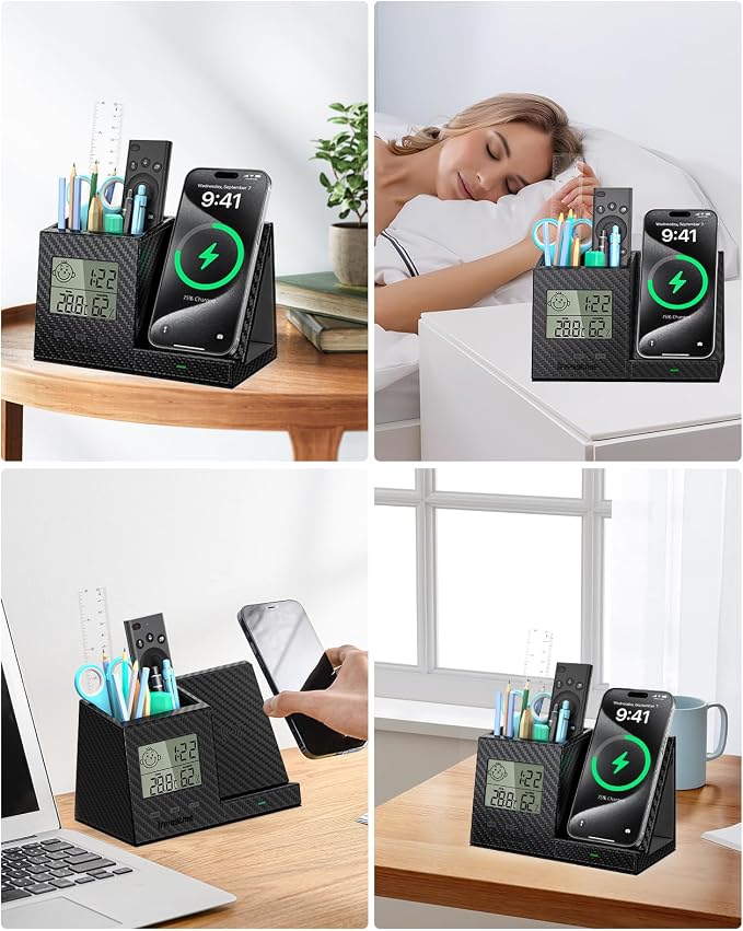 Pen Holder for Desk, Desk Organizer with Wireless Charger, Built in Digital Indoor Thermometer and Humidity Monitor, Multi-Functional Pencil Organizer for Home Office, Black Carbon Fiber
