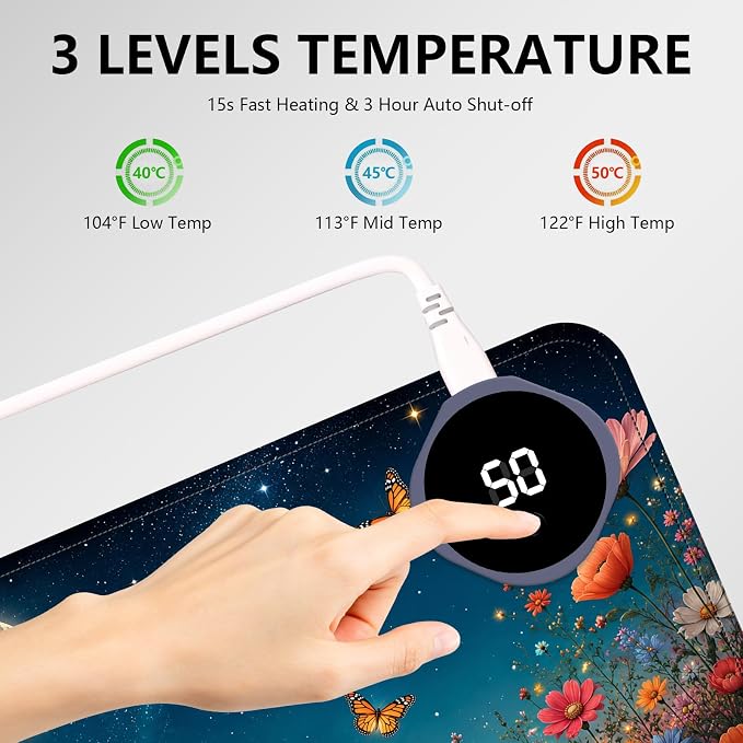 Large Heated Mouse Pad–23.6" x 14.2" Desk Mat for Office | 3 Adjustable Heat Levels,Auto Shut-Off After 3 Hours for Safety,Keeps Hands Warm While Working，Starry Sky Flower Field