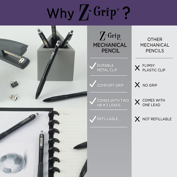 Zebra Pen, Z-Grip Mechanical Pencil, Comfort Grip, 0.7mm Lead, #2 HB, Pre-Loaded with Lead and Eraser, for School, Office, Everyday Use, Refillable, Black Barrel, 12-Pack, (50410AMZ)