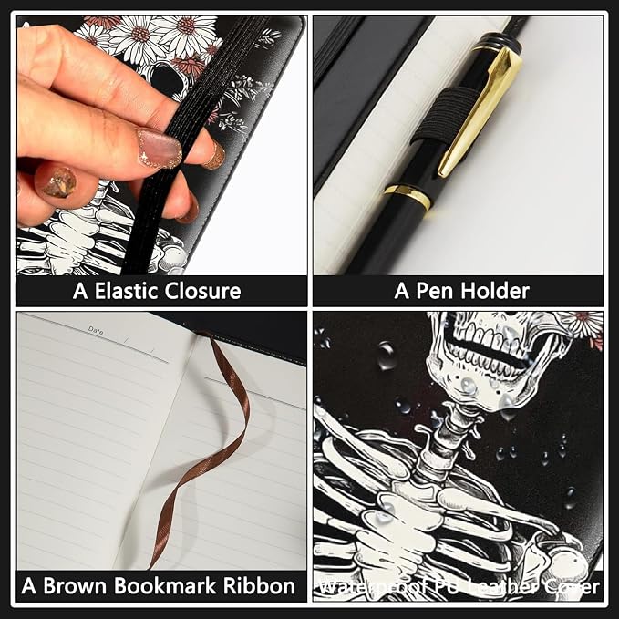 A5 Leather Lined Journal Notebook, 200 Pages Hardcover Executive Notebook for Office School Note Taking, Thick Writing Paper Daily Journal with Bookmarks/Indexes,Skull Skeleton with Flowers