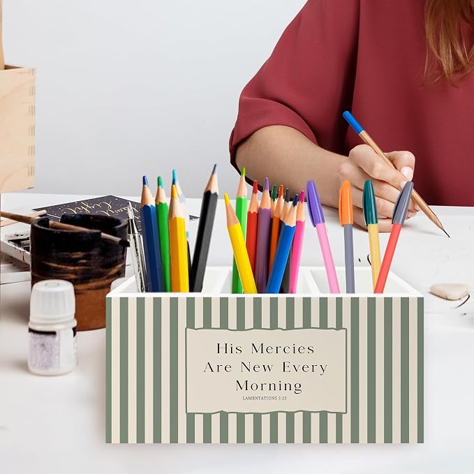 Sage Green Striped Christian Pen Pencil Holder Organizer for Desk, His Mercies Are New Every Morning Bible Verse Wooden Box Signs Decorations for Home Office Desk Tabletop, Christian Gifts