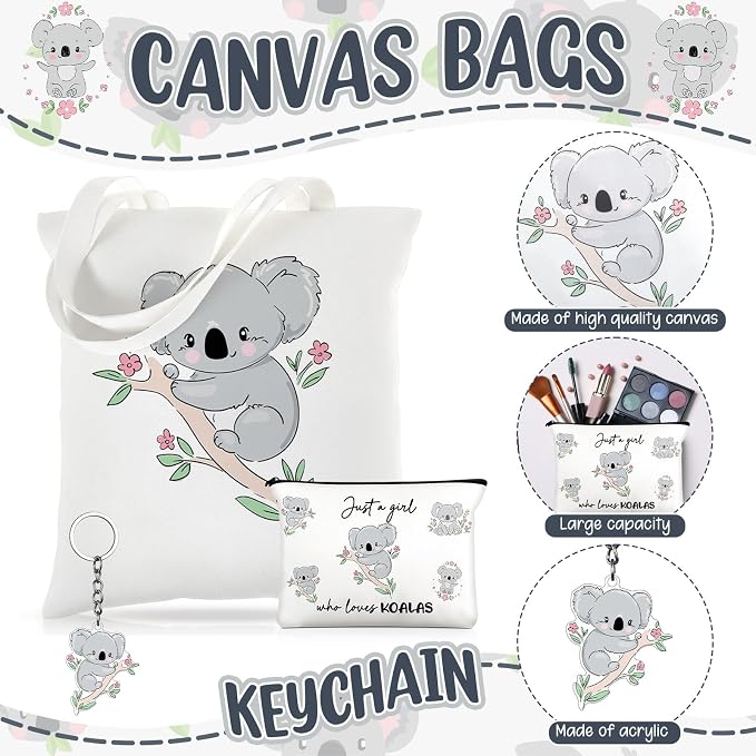 Kinlop 5 Pcs Koala Lover Gifts for Women Include Just a Girl Who Loves Koalas Tote Bag Canvas Cosmetic Bag Coil Notebook Keychain and Ballpoint Pen for Women Girls