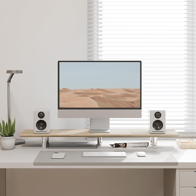 Fenge 39.4” Dual Monitor Stand with Height Adjustable Legs, Oak | Wooden & Steel, Ergonomic Height 3.6" to 4.4", Underneath Storage, Holds up to 99lbs, Laptop Monitor Stand for Home Office