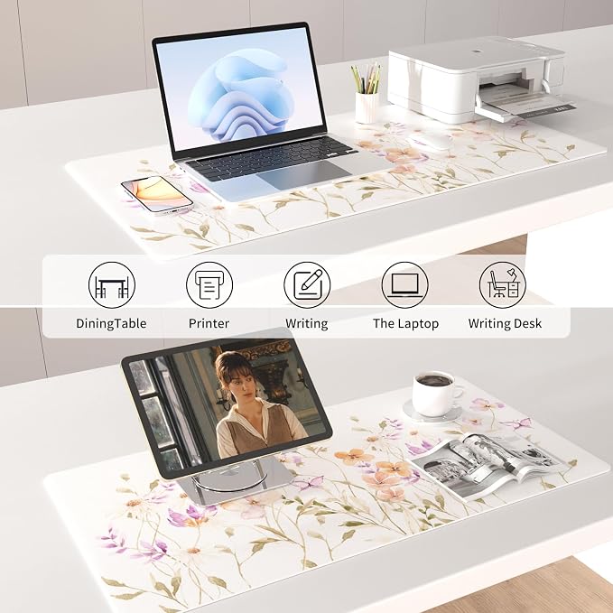 Colorful Star Floral Waterproof Office Desk Mat, 31.5" x 15.7" | Non-Slip Large Computer Gaming Mouse Pad, XXL PC Laptop Protector Pads, PU Leather Desk Writing Pads for Office Home