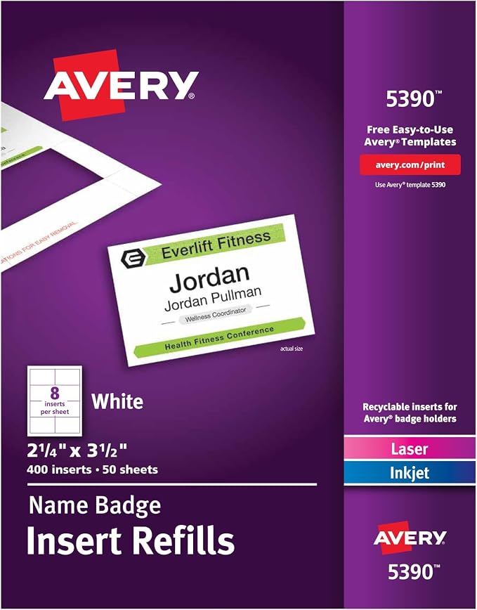Avery Customizable Name Badge Inserts, 2.25" x 3.5", White, 400 Printable Name Tag Inserts (5390) (Pack of 5)