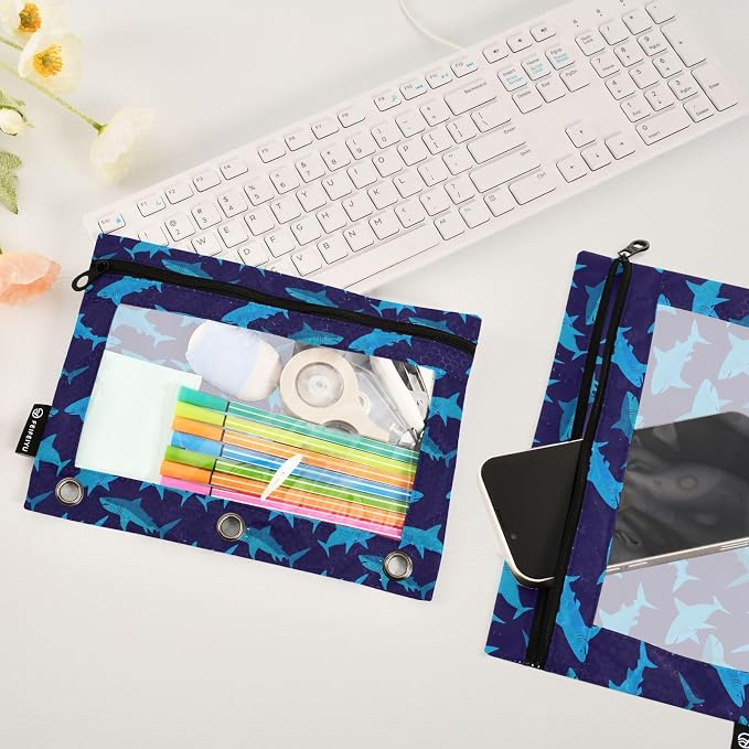 Gredecor 3 Ring Binder Pencil Pouch, Funny Shark-1 Zippered Pen Case Pouches with Clear Window, 2 Pack Stylish Office & School Supplie