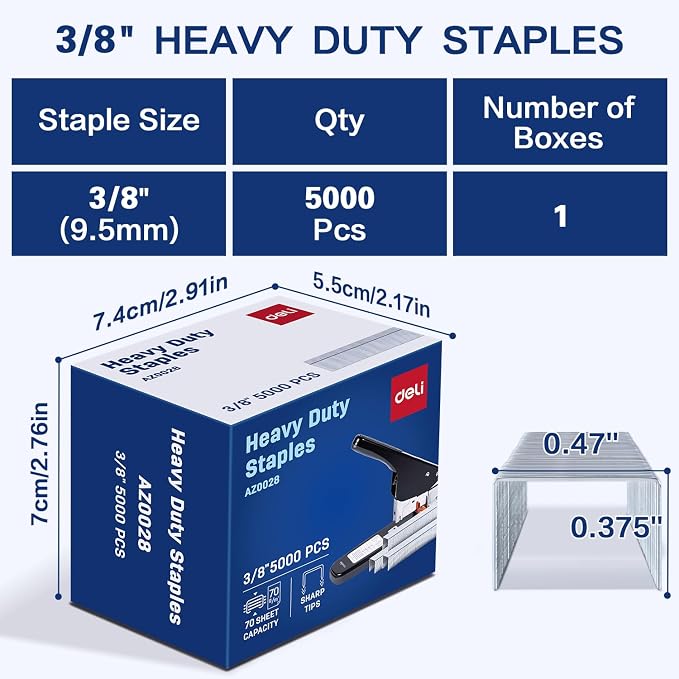 Deli Staples, Heavy Duty Staples for Heavy Duty Staplers, 3/8'' Length | 70 Sheet Capacity, 100/Strip, 5000/Box