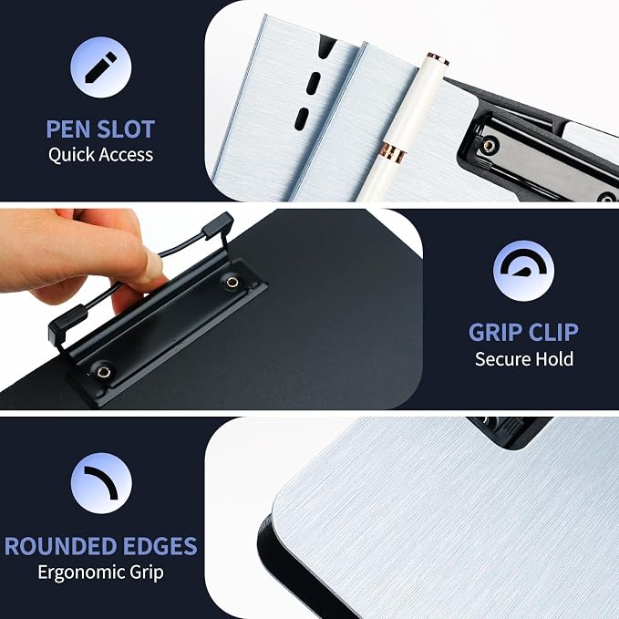 Clipboard Folder, with Dual Metal Clips, Embossed-Texture, Folding 360° Rotating, Nursing Clipboard for Letter and A4, Pen Holder (Silver, 1)