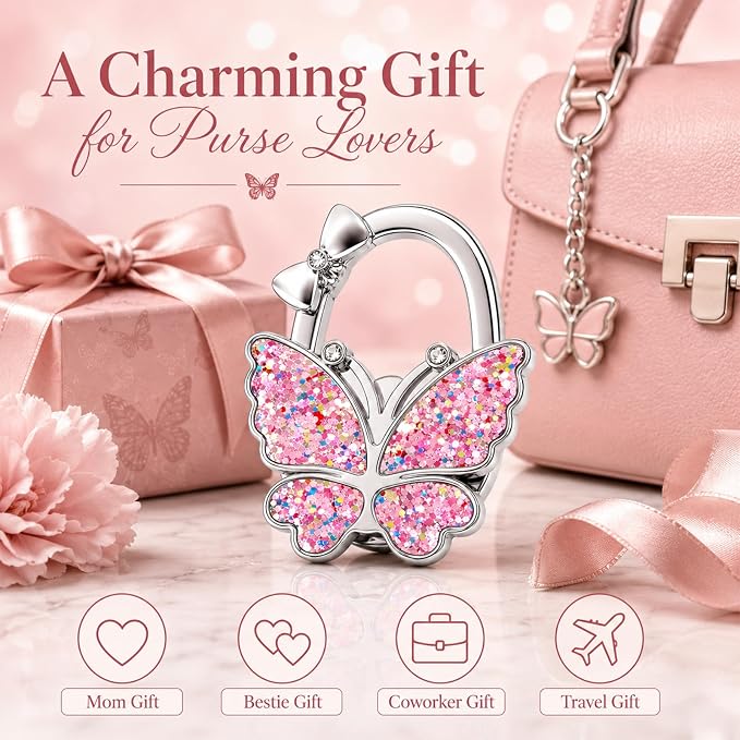 Purse Hook for Table, Foldable Handbag Hanger for Women, Portable Bag Holder with Non-Slip Base, Cute Sequin Colorful Butterfly Purse Table Hook for Restaurant Office Travel Gift