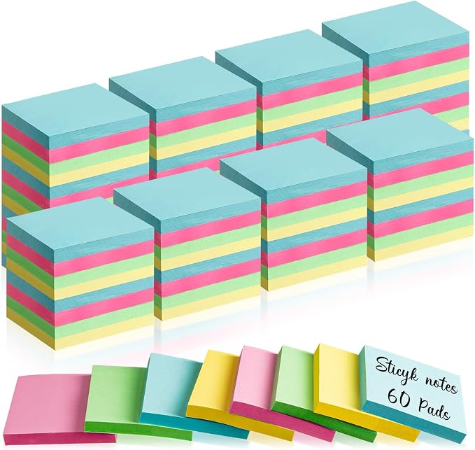 60 Pads Sticky Notes Bulk 1.5 x 2 Inch Mini Self Stick Note Small Assorted Bright Colors Paper Memo for Office School Notebook Supplies 50 Sheets/pad (Classic Color)