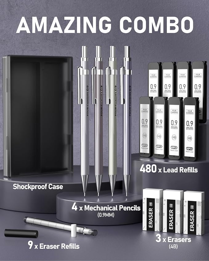 Metal Mechanical Pencil Set, Break-Resistant 0.9mm 4-Pack with Storage Case | 480 Leads, 3 Erasers+9 Refills, For School Writing, Sketching, Art Drawing & Professional Drafting