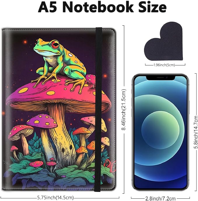 A5 Leather Lined Journal Notebook, 200 Pages Hardcover Executive Notebook for Men Women Office School Note Taking, Thick Writing Paper Daily Journal with Bookmarks/Indexes, Frogs and Mushrooms