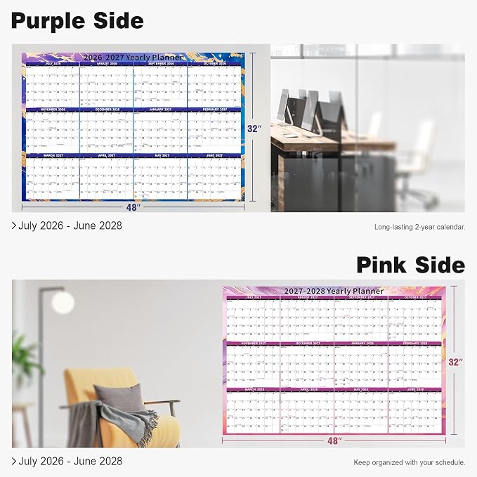 Ospelelf 2026-2027 Wall Calendar Large Dry Erase 32'' x 48'' Yearly Laminated, 2 Year Calendar for Office Family, Use July 2026 - June 2028 ((Marble)