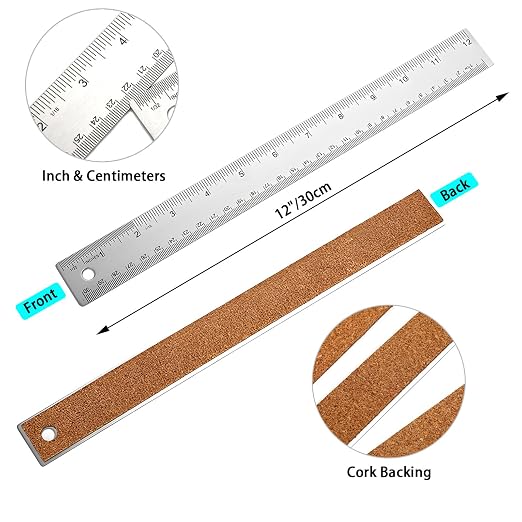 4PCS 12" Metal Ruler, Imperial & Metric, Stainless Steel with Cork Backing | Non-Slip, for School, Office, Engineering, Drafting Tools