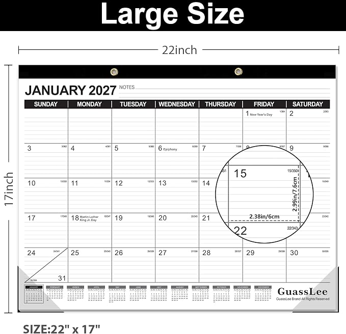 GuassLee Large Desk Calendar 2026-2027,19 Months from Jun. 2026 to Dec. 2027, 22 x 17 Inches Desktop Wall Calendar Hanging Planner with Julian Date, Notes, Reinforced Corners for School Home Office