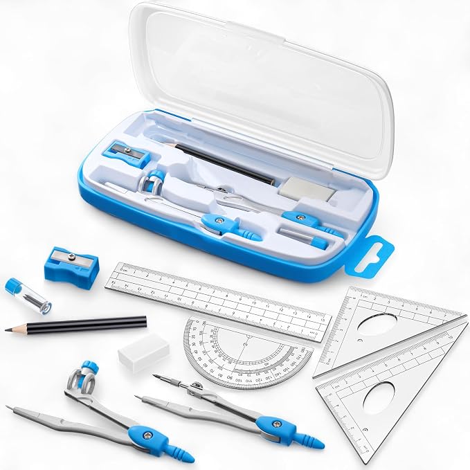 Zonon Math Geometry Set for Students 10 Pcs Compass Geometry Tools Kit Includes Protractor Compass Lead Refills Rulers Pencil Sharpener Eraser Pencil Storage Box for Drafting and Drawings(Blue)