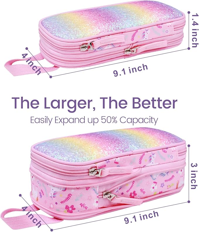 Bagseri 2 Pack Pencil Case for Girls - Expandable Cute Pencil Pouch for Kids Large Capacity Pencil Bag Organizer for School (Purple Mermaid and Pink Unicorn)