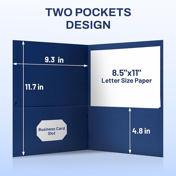SUNEE Two Pocket Folders, 100 Pack File Folders with Business Card Slot, Textured Paper, Fit Letter Size Paper, Paper File Folder for School Office Home Business, Navy Blue