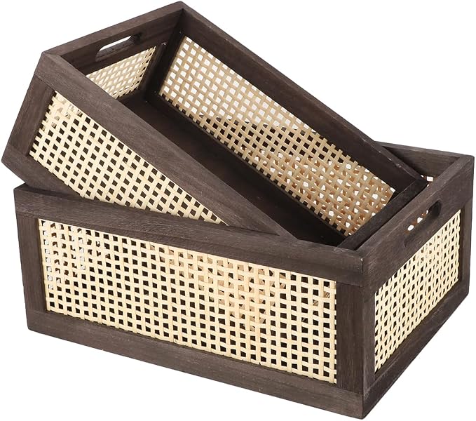 Desktop Storage Basket, Sundry Office Drawer Storage Box, Wood Frame Storage Basket. (Brown-Set2)