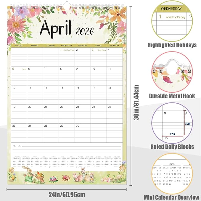 GuassLee Extra Large Wall Calendar 2026,36"x 24" Vertical Jumbo Hanging Wall Planner, 24-Month Aesthetic Large Calendar Jan. 2026 to Dec. 2027 with Thick Paper Watercolor Design for Easy Organizing