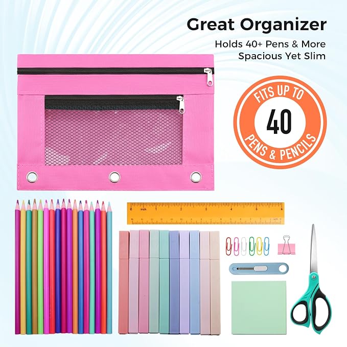 Pencil Pouch for 3 Ring Binder, Pencil Case Bag with Zipper, 600D Fabric Pencil Pouch Holder Accessories, Clear Window Pencil Case Aesthetic Back to School Organizer Pockets for Boy Girl (Pink)