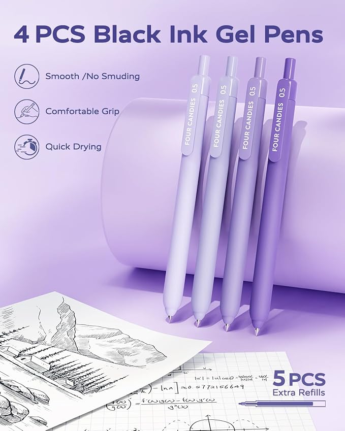 Four Candies Aesthetic Purple School Supplies Kit with Case for Girls | Back to School Stationery Set with Pens, Highlighters, Mechanical Pencils, Sticky Notes for Students, College, Journaling