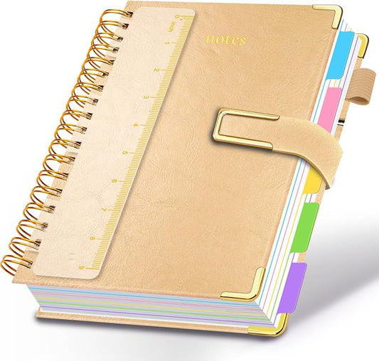 Hardcover Spiral Notebook College Ruled, 8"x10" Leather Journal Notebook with Magnetic Closure, 300 Pages 5 Subject Notebook with Dividers Tabs Journal for Women Men, Work, School(Golden)