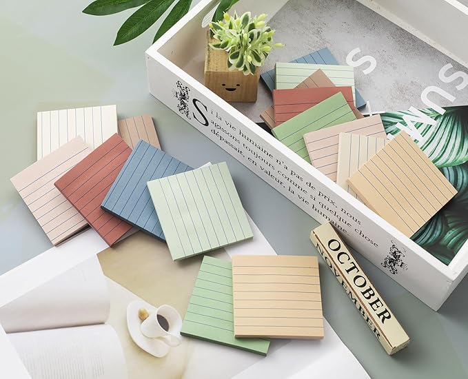 (16 Pack) Lined Sticky Notes 3x3 in Ruled Stickies Super Sticking Power Memo Pads Vintage Colors, Post on Windows Doors,Recyclable,Easy to Write on