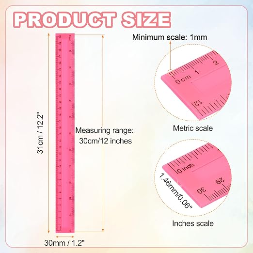 HARFINGTON 5pcs Plastic Rulers 12" (30cm) Clear Straight Ruler Measuring Tool Inches and Centimeters for Home Office Classrooms Drafting, Pink