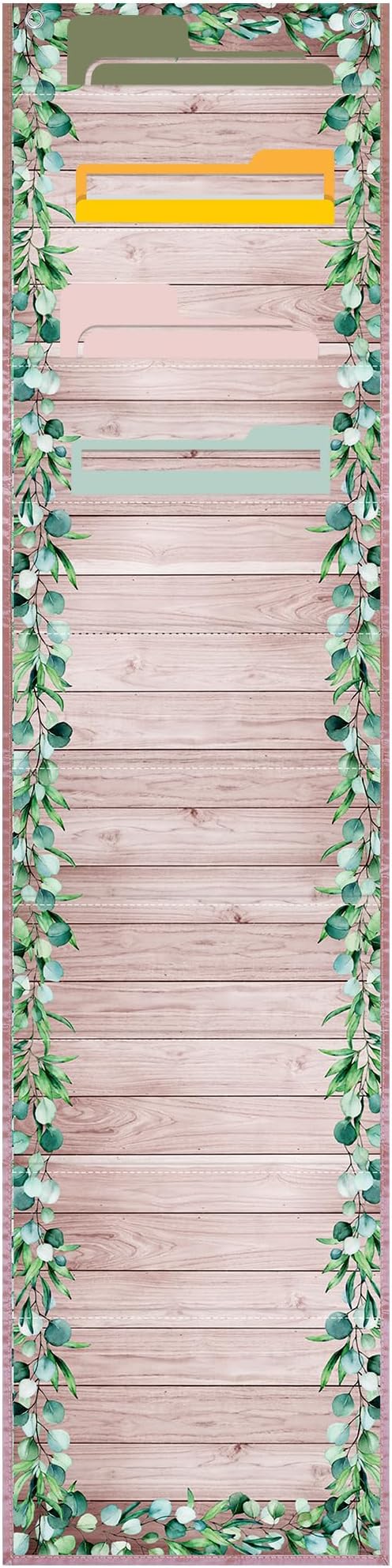 MotiMind Green Leaves 10 Pockets Wall Hanging File Folders File Storage Pocket Chart for Classroom Hanging Wall Organizer with 2 over The Door Hangers, 58" x 14" for School Classroom Office Home