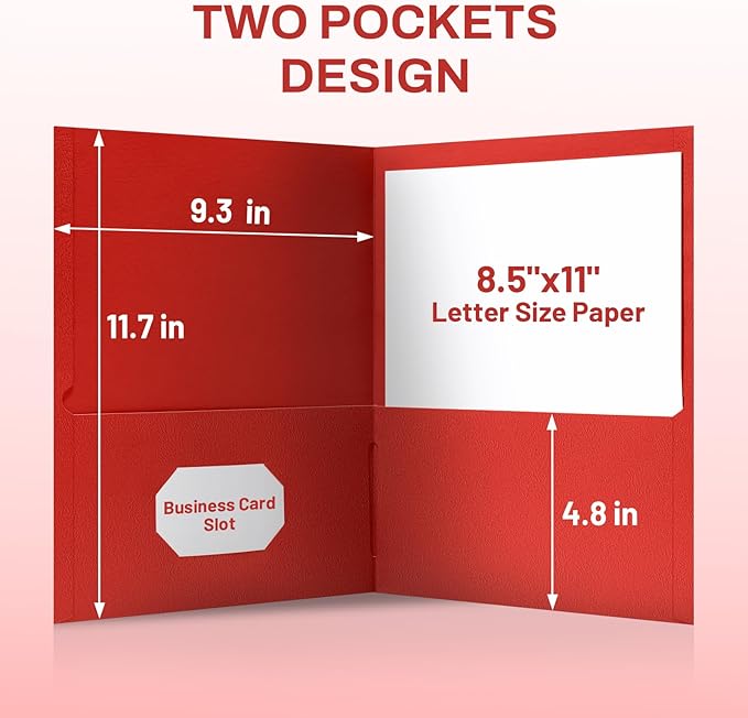 SUNEE Two Pocket Folders, 50 Pack File Folders with Business Card Slot, Textured Paper, Fit Letter Size Paper, Paper File Folder for School Office Home Business, Red