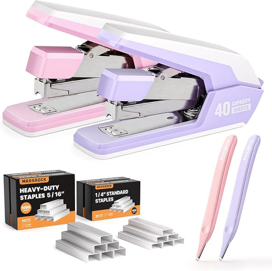 Marsrock Effortless Stapler for Desk with 40-50 Sheet Capacity, 4000 Staples, 1-Touch Stapling, Ergonomic & Easy to Load Desktop Staplers, Heavy Duty Stapler, and Magnetic Staple Remover, 2 Pack