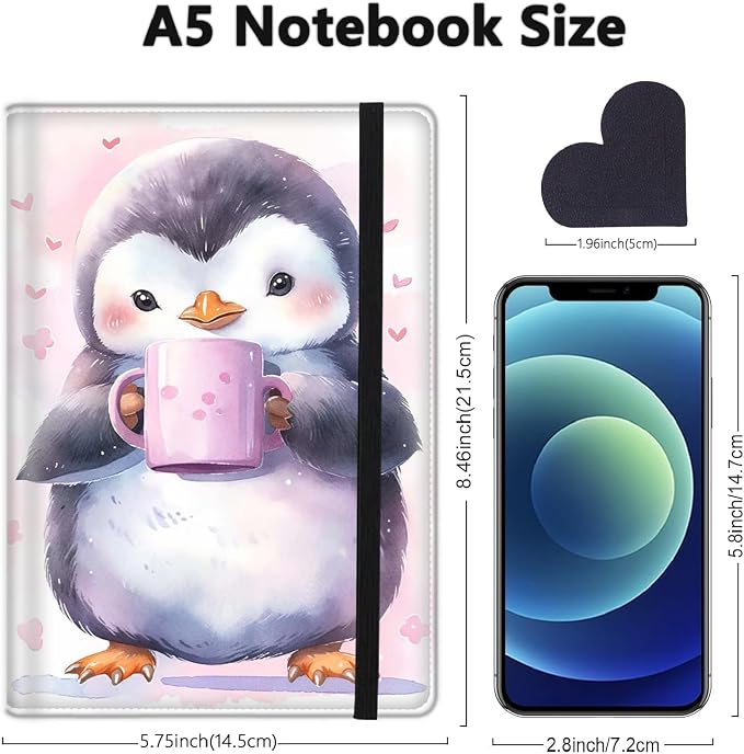 A5 Leather Lined Journal Notebook, 200 Pages Hardcover Executive Notebook for Office School Note Taking, Thick Writing Paper Daily Journal with Bookmarks/Indexes, Watercolor Penguin Coffee