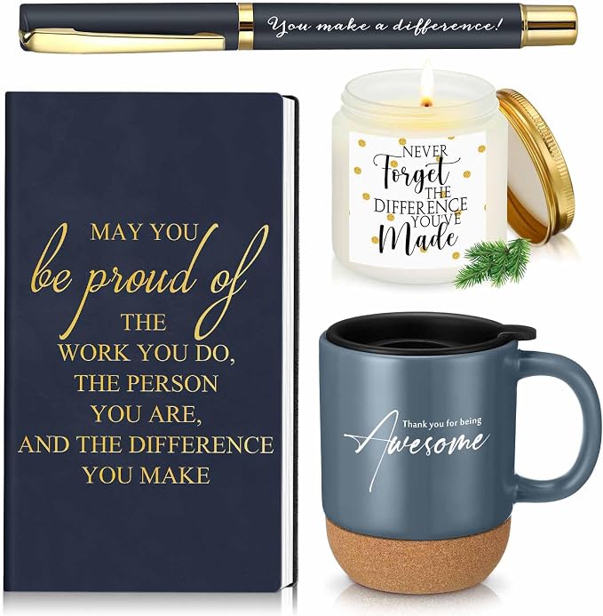 Sayglossy 4 Pcs Thank You Gifts Set for Men Back to School Teacher Appreciation Gift Leather Notebook Inspirational Coffee Mug Scented Candle Ballpoint Pen for Male Employee Coworker Nurse Boss, Blue