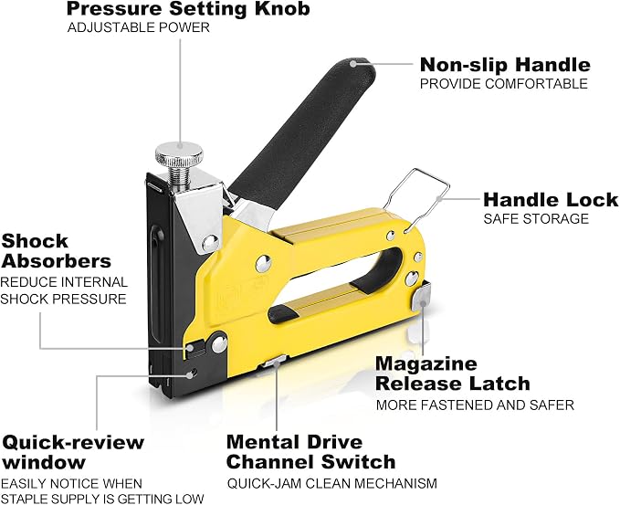 HAUTMEC Upholstery Staple Gun for Wood, 3-in-1 Heavy Duty Fabric Stapler with 600 Staples, Adjustable Manual Staple Guns for Carpet, Crafts, Furniture