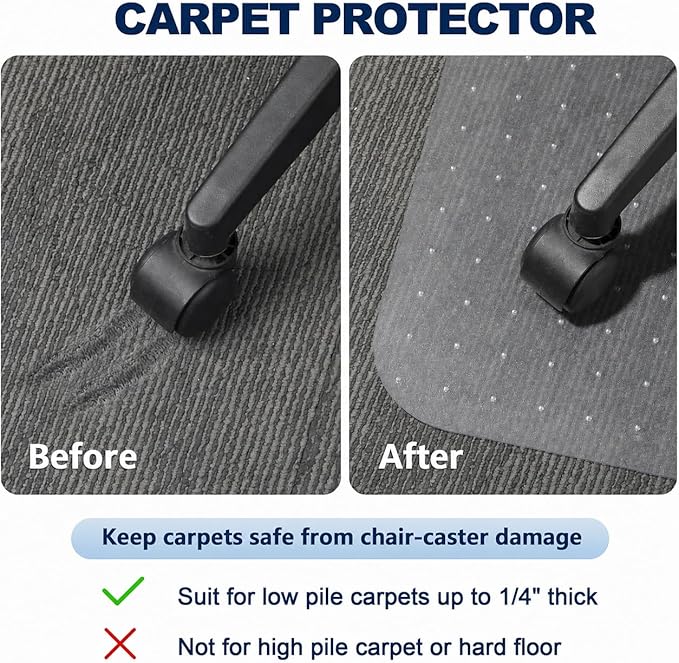 Chair Mat for Carpet- Low Pile (1/4" Thick) Carpet Protector for Office Gaming Computer Desk Chair. Heavy Duty Desk Chair Mat for Carpeted Floors, Semi Transparent (with Lip)