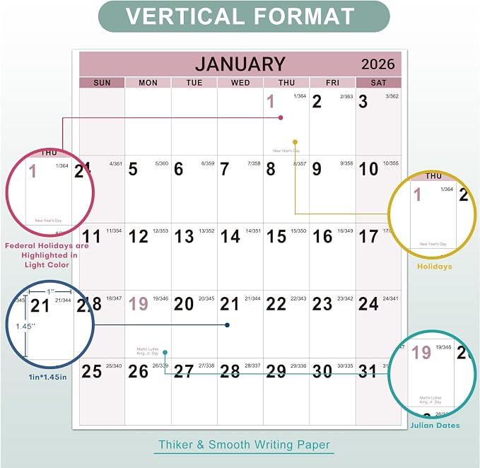 2026-2027 Yearly Wall Calendar - Jul. 2026 - Jun.2027, 34.4" x 22.8" (Open) | Wall Calendar 2026-2027 with Round Sticks, Thick Paper, Vertical