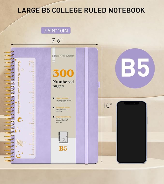 B5 Spiral Notebook Journal 7.6” x 10”, 300 Numbered Pages Hardcover Leather Journals for Women Men, Large Lined College Ruled Notebooks, 100GSM Thick Paper, Spiral Bound Journal for Work School, Purple