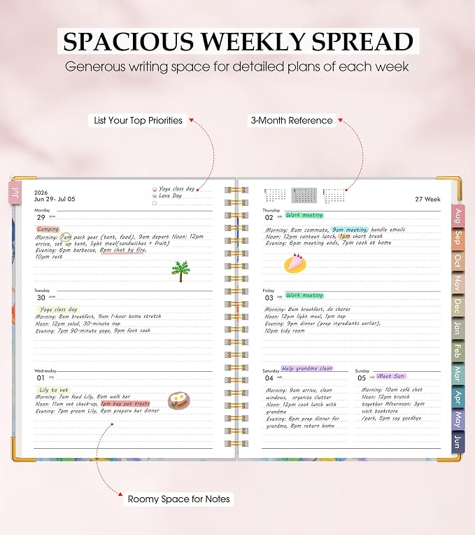 Academic Planner 2026-2027, Hardcover Leather Weekly and Monthly Calendar Planner from July 2026 - June 2027, A4 8.5" x 11" Daily Agenda with Tabs, College School Organizer for Student Teacher, Butterflies in the Blooms
