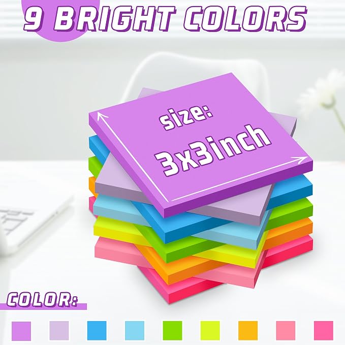 3x3 Sticky Notes 36 Pads, 9 Bright Colors Self-Adhesive Memo Pads, Strong Adhesive, Perfect for Office Desk, Home Reminders, School, Notebooks