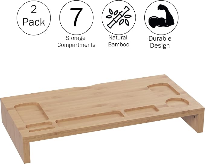 Lavish Home Bamboo Monitor Riser Set – 2-Pack Wooden Laptop Stand and PC Computer Shelf Set for Home, Office, or Dorm Rooms – Office Accessories