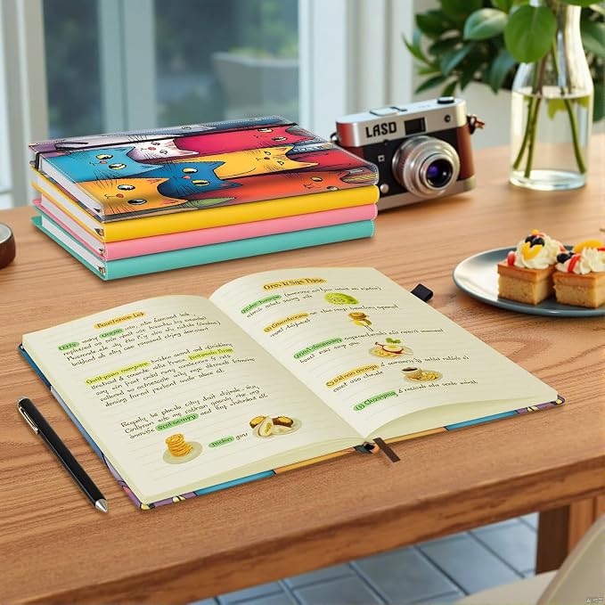 Hardcover Executive Notebooks, A5 PU Leather Lined Journal Notebook, 200 Pages Thick Paper Subject Notebooks for School,Work,Home Writing Business Notebook, Diary Book ，Colorful Cat Vintage