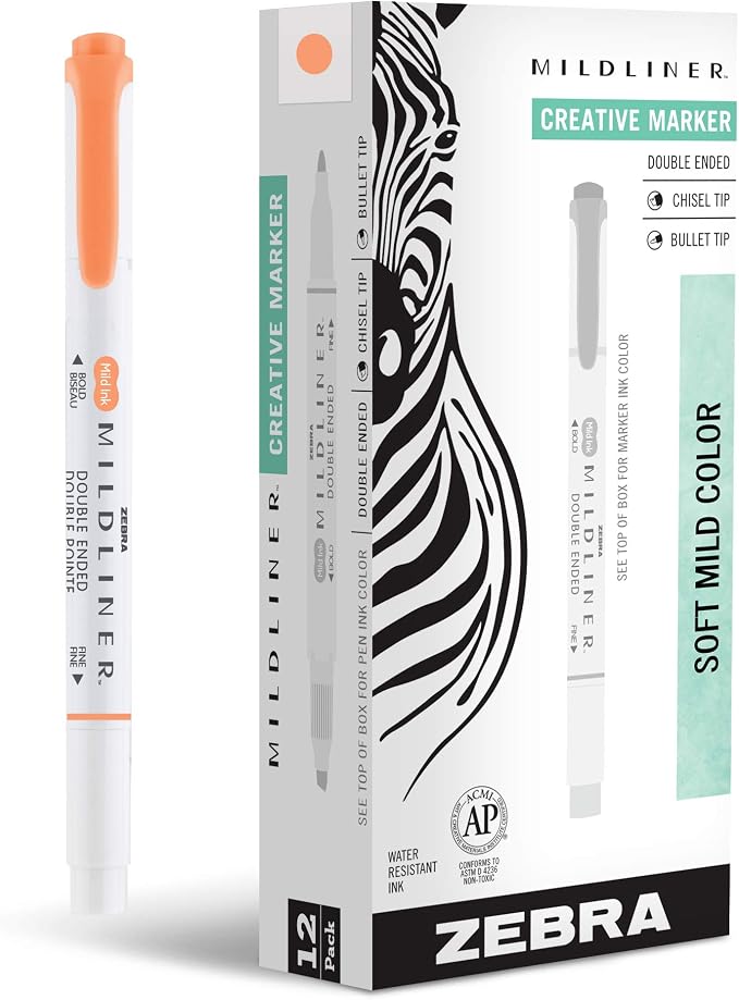 Zebra Pen MILDLINER No Bleed Highlighter, Apricot Color, Dual Tip, 12-Pack | Broad and Fine Point Tip Marker Set, Ideal for Bible Highlighting, Journaling, Office, School and Teacher Supplies (78590upc)