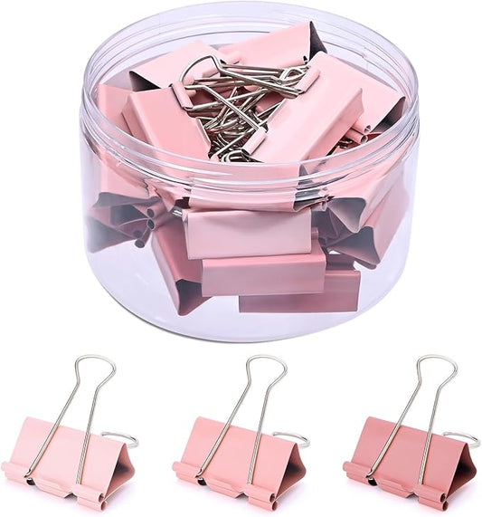Temiary Aesthetic Binder Clips, Large Metal Binder Clip with Clear Storage Container, Binding Paperwork Clamps for School Teachers Office Supplies (Pink 1.6 Inch, 24P)