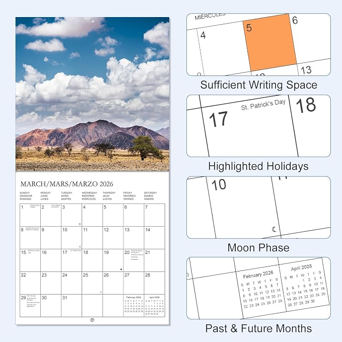 Calendar 2026 - Wall Calendar from January 2026 to June 2027, 3 Languages(English,French,Spanish), 2026 Wall Calendar with Holiday Marked, Premium Paper for Organizing, 7" x 7",National Prak - A